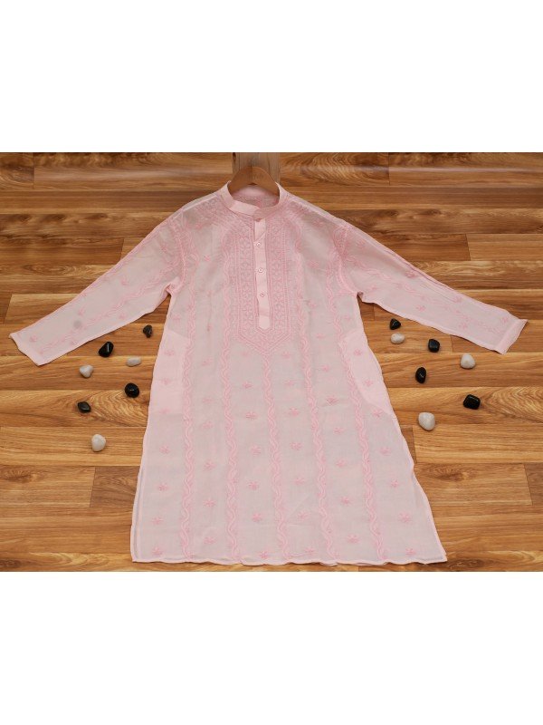 Light Pink Cotton Kurta with Pant Set – Shadow Work Embroidery
