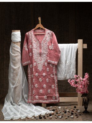 Rose Pink Pure Linen Kurta – Ghas Patti Hand Embroidery