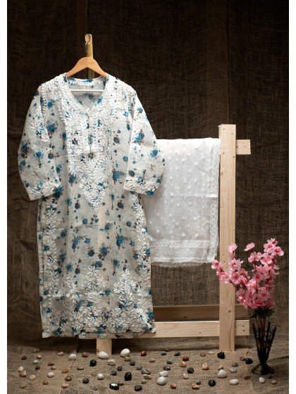 Milk White Printed Kota Cotton Kurti – Ghas Patti ..