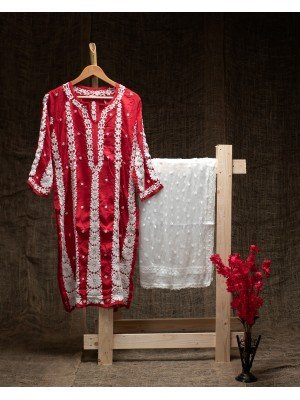 Red Modal Cotton Kurti – Double Side Ghas Patti Embroidery