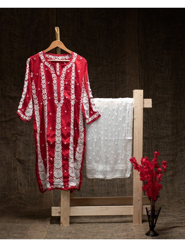 Red Modal Cotton Kurti – Double Side Ghas Patti Embroidery