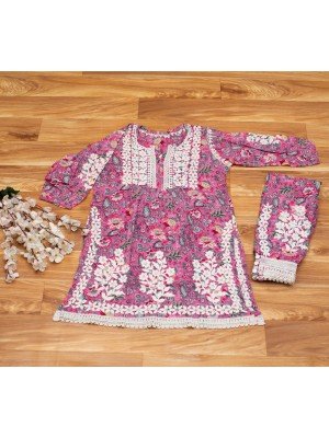 Pink Malmal Cotton Nayra Cut Kurti with Afghani Pant Set – Ghas Patti Embroidery