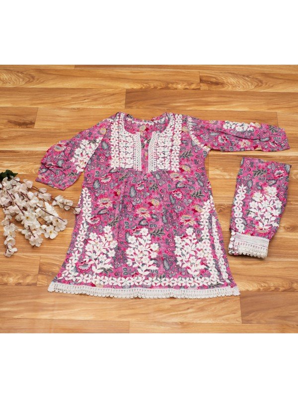 Pink Malmal Cotton Nayra Cut Kurti with Afghani Pant Set – Ghas Patti Embroidery