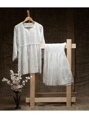 White Short Frock Kurta with Garara – Shadow Embroidery