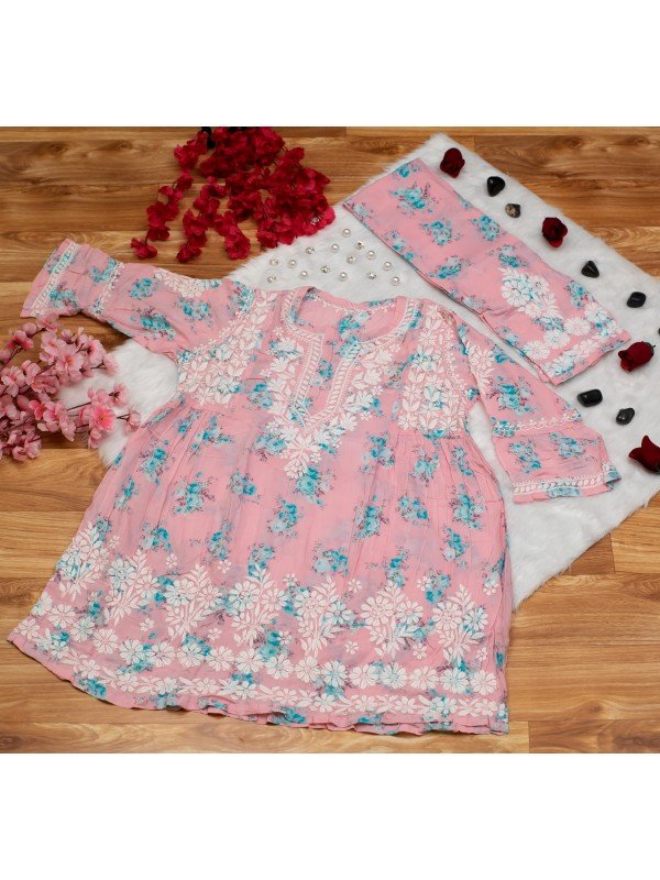 Short Frock Modal Cotton Kurti with Pant – Ghas Patti Embroidery