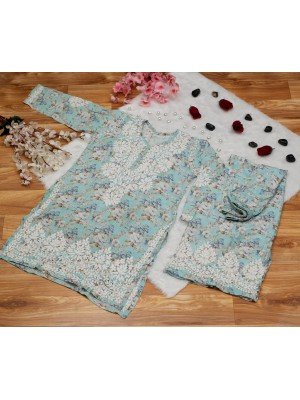 Sea Green Muslin Cotton Printed Kurti Set – Ghas Patti Hand Embroidery with Plazo