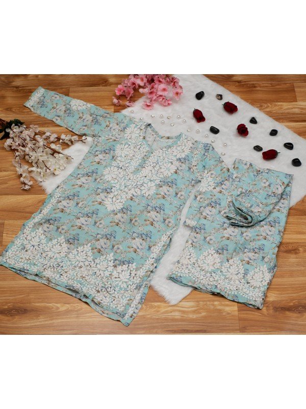 Sea Green Muslin Cotton Printed Kurti Set – Ghas Patti Hand Embroidery with Plazo