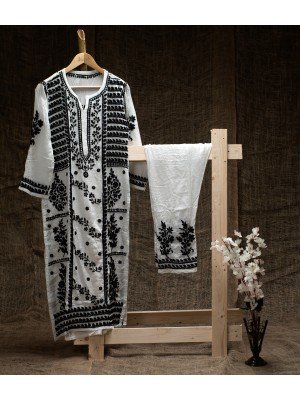 Modal Cotton Black on White Kurta Set – Ghas Patti Embroidery