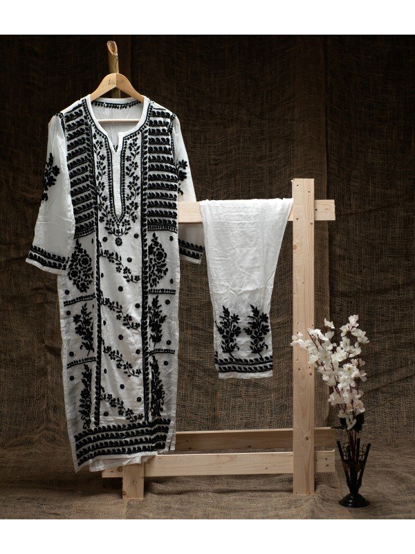 Modal Cotton Black on White Kurta Set – Ghas Patti Embroidery
