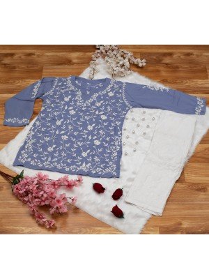 Powder Blue Modal Cotton Short Kurti – Ghas Patti Embroidery Both Sides