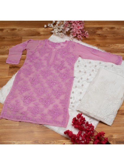 Pink Pure Chiffon Tunic Kurti – Ghas Patti Hand Em..