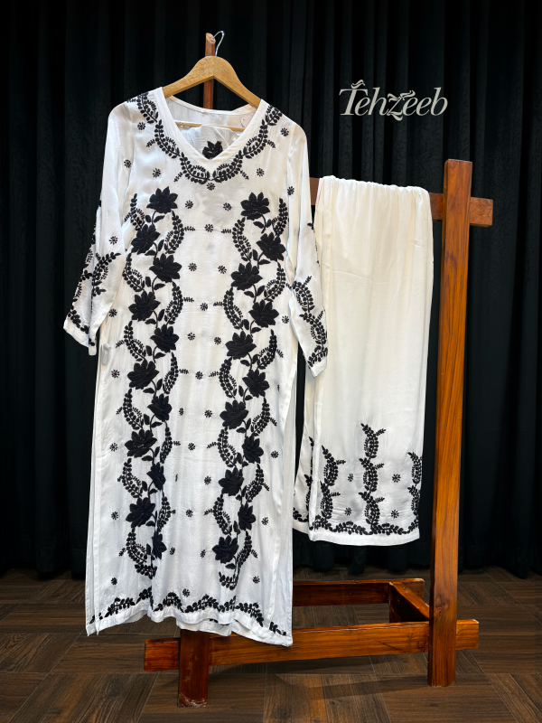 White Muslin Kurti & Plazo Set with Black Ghasspati Embroidery