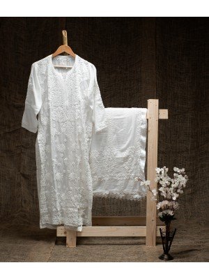 White Modal Cotton Kurti – Pure White Ghas Patti Hand Embroidery