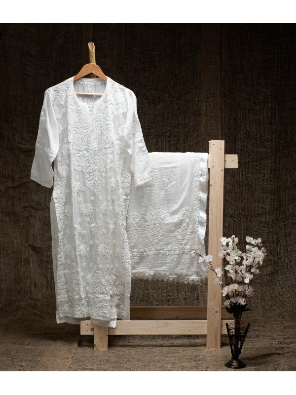 White Modal Cotton Kurti – Pure White Ghas Patti Hand Embroidery