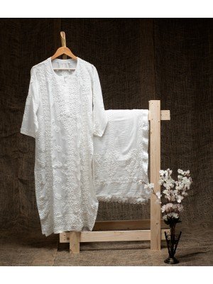White Modal Cotton Kurti – Ghas Patti Hand Embroidery