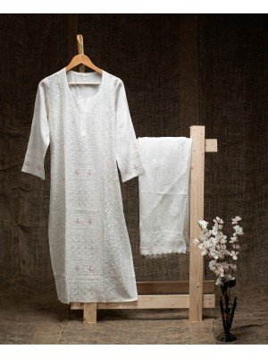 Off-White Chanderi Silk Kurti – Addon Cut Dana Work with Shadow Detailing