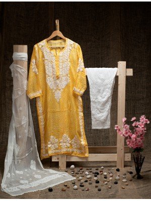 Mango Yellow Muslin Cotton Bandhni Print Kurti – Ghas Patti Hand Embroidery