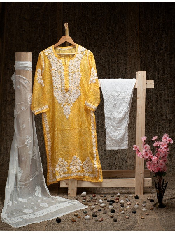 Mango Yellow Muslin Cotton Bandhni Print Kurti – Ghas Patti Hand Embroidery