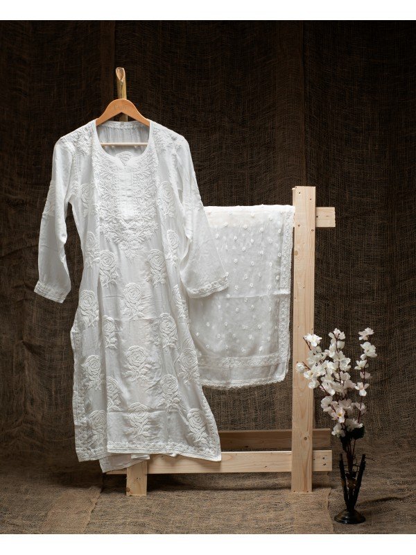 White Muslin Cotton Kurti – Ghas Patti Hand Embroidery