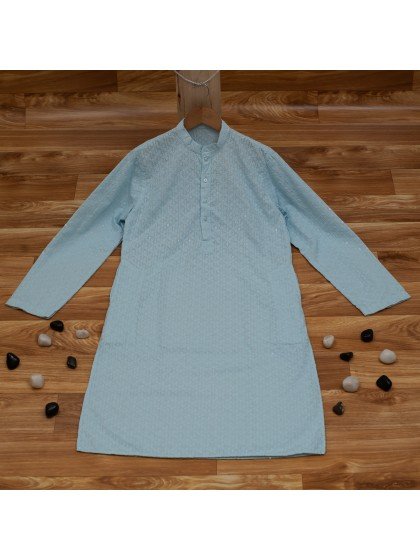 Powder Blue Mix Cotton Kurta Set with White Bottom..