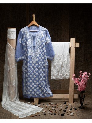 Sky Blue Modal Cotton Kurti – Ghas Patti Embroidery