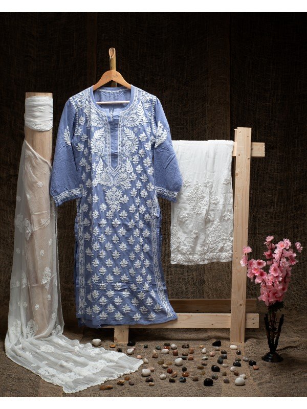 Sky Blue Modal Cotton Kurti – Ghas Patti Embroidery