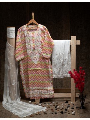 Multicolour Pink Malmal Cotton Lahariya Print Kurti – Ghas Patti Hand Embroidery