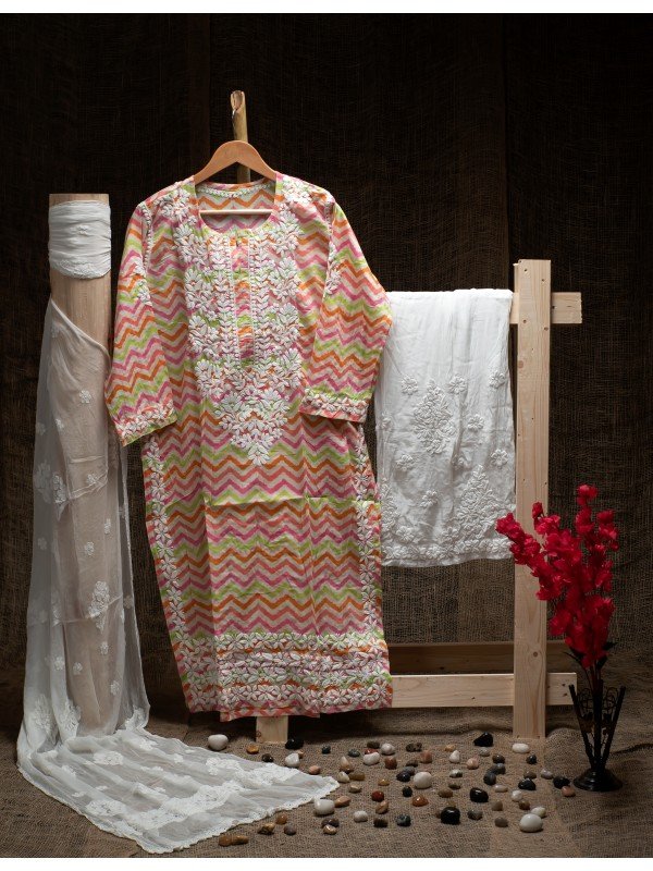 Multicolour Pink Malmal Cotton Lahariya Print Kurti – Ghas Patti Hand Embroidery