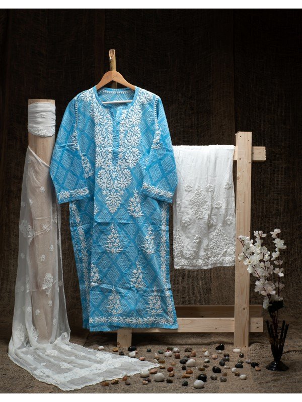 Blue Malmal Cotton Bandhni Print Kurti – Ghas Patti Hand Embroidery