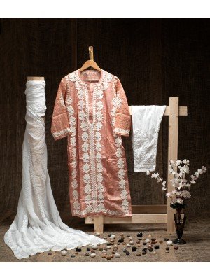 Dusty Peach Pure Tusser Silk Kurti – Ghas Patti Hand Embroidery