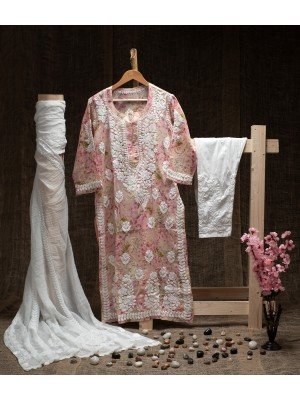 Pink Printed Malmal Cotton Kurti – Ghas Patti Hand Embroidery