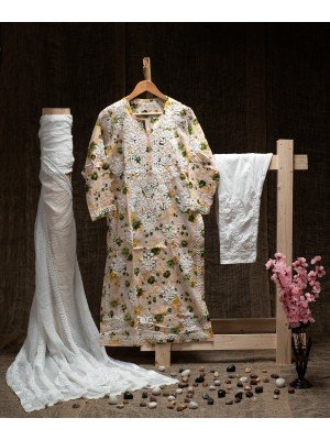 Light Yellow Printed Malmal Cotton Kurti – Ghas Patti Hand Embroidery