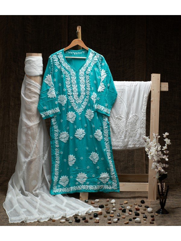 Sea Green Modal Cotton Kurti – Ghas Patti Embroidery