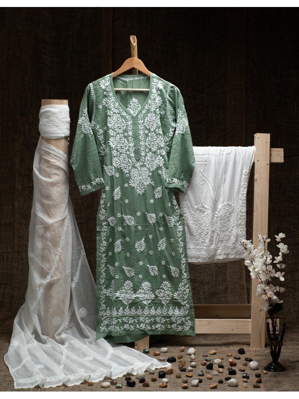 Green Modal Cotton Kurti – Ghas Patti Hand Embroidery