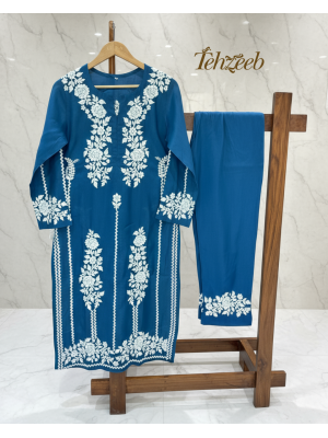 Blue Muslin Ladies Kurti & Pant Set with 3D Embroidery
