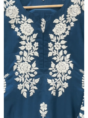Blue Muslin Ladies Kurti & Pant Set with 3D Embroidery