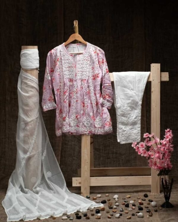 Voil Cotton Three Piece Unstitched Material With Hand Made Shadow Work - Image 2