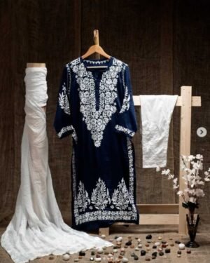 Pure Linen Long Men's Kurta With Lucknowi Hand Work