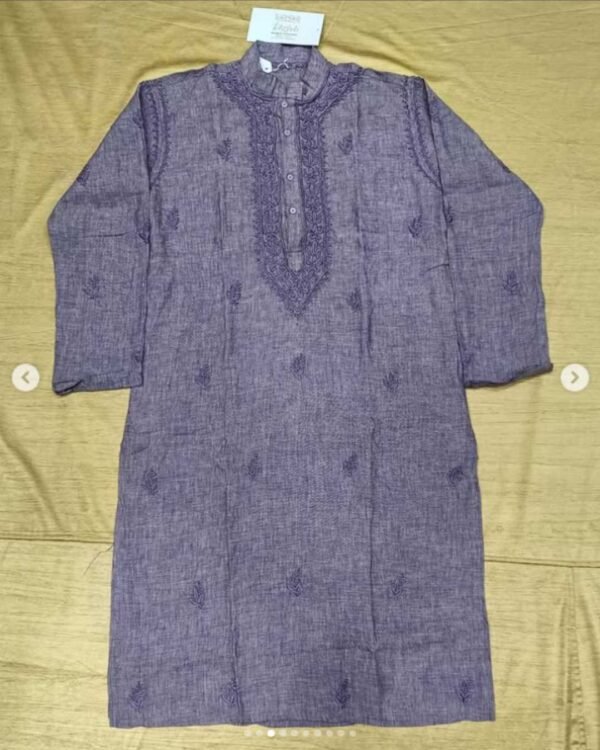 Pure Linen Long Men's Kurta With Lucknowi Hand Work - Image 3