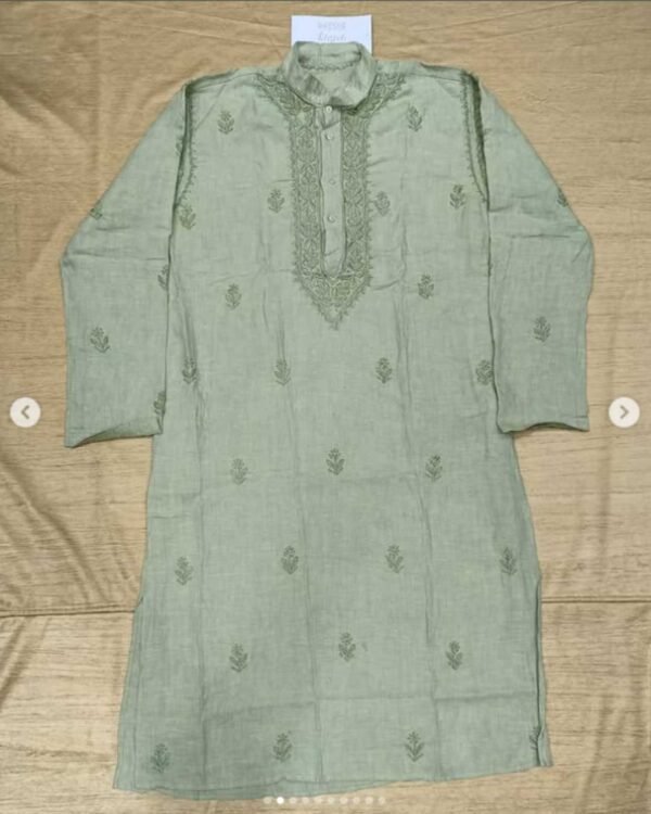 Pure Linen Long Men's Kurta With Lucknowi Hand Work - Image 2