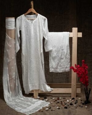 Chanderi Silk Long Lucknowi Kurta With Highlighting Cutdana Work
